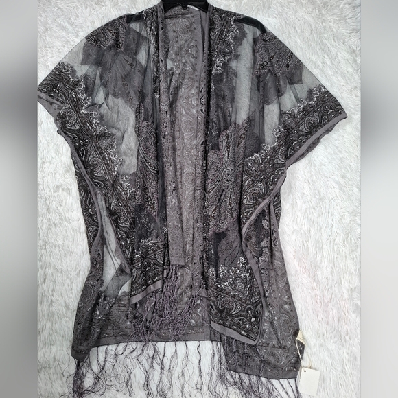 Pretty Persuasions Burnout Paisley Print Kimono Jacket OS Boho Festival Fringed - Picture 4 of 11